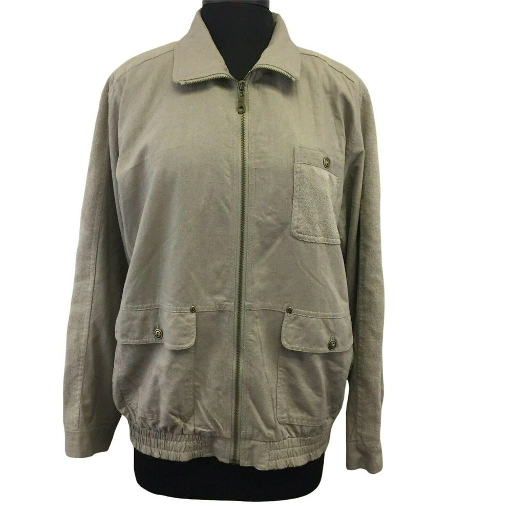 Vital Zone Jacket M Brown 100% Silk Women Zip Up Gathered Waist 3 Pockets